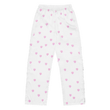 White pants with pink heart patterns on a white background